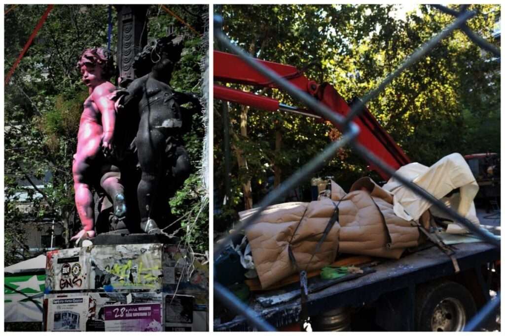 Εξάρχεια | Ξήλωσαν το ιστορικό άγαλμα των Τριών Ερώτων για τη στάση του μετρό