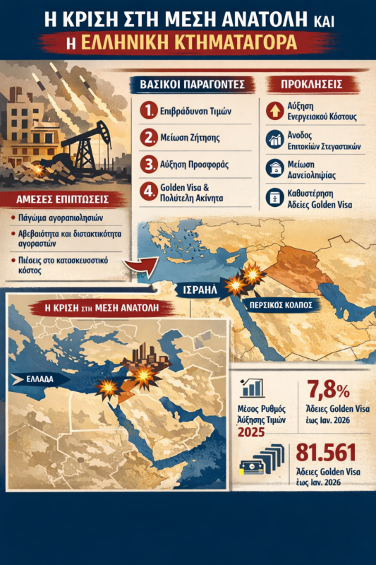 Infographic για την εγχώρια αγορά ακινήτων 2026, τάσεις τιμών σε Αθήνα, Θεσσαλονίκη και μεγάλες πόλεις, επιπτώσεις ενεργειακού κόστους και Golden Visa.