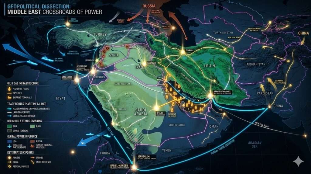 middle east geopolitical map oil routes and conflict zones